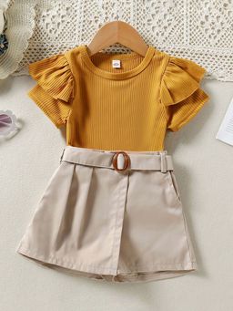 Hopscotch - Girls Mustard and Beige Solid Top with Short and Belt (9-12 Months)