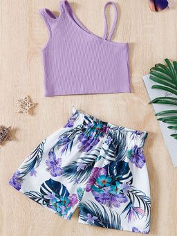 Hopscotch - Girls Purple Floral Print Top and Short (1-2 Years)