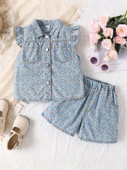 Hopscotch - Girls Blue All-Over Print Shirt and Short (12-18 Months)