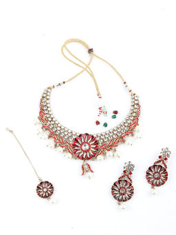 Odette - Red and White Floral Kundan Choker Necklace Set