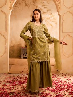 Bani Women - Olive Embroidered Sequinned Kurta and Sharara with Dupatta (Set of 3)