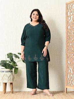 Desi Noor - Plus Size Bottle Green Embellished Co-Ord (Set of 2)