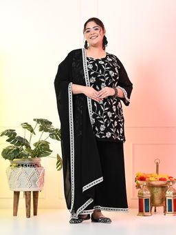 Desi Noor - Plus Size Black Embroidered Kurta and Palazzo with Dupatta (Set of 3)