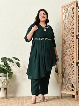 Desi Noor - Plus Size Bottle Green Asymmetrical Co-Ord with Belt (Set of 3)