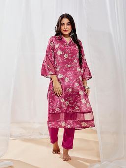 Vastramay - Women's Pink Floral Kurta and Pant (Set of 2)