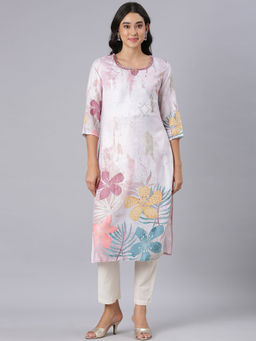 NEERU'S - Off White Straight Casual Floral Kurtas