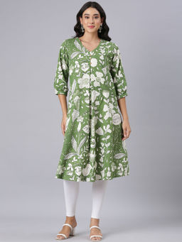 NEERU'S - Green A-Line Casual Floral Kurtas