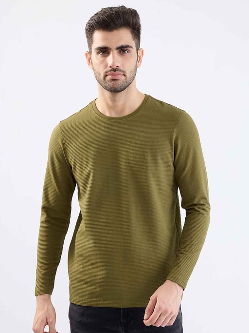 Spykar Olive Textured Full Sleeves T-Shirt