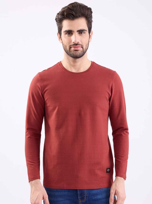 Spykar Red Textured Full Sleeves T-Shirt