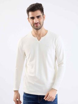 Spykar - White Textured Full Sleeves T-Shirt