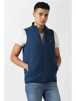 Van Heusen - Blue Solid Sleeveless Bomber Jacket