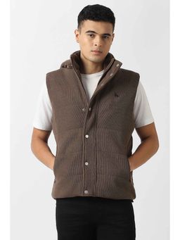 Van Heusen - Brown Solid Sleeveless Bomber Jacket