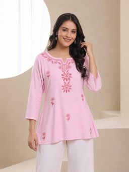 QAZMI - Women's Kashmiri Aari Embroidered Viscose Rayon A-Line Flared Kurti