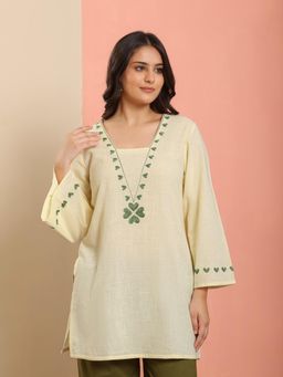 QAZMI - Women Pure Cotton Square-Neck Aari Embroidered Short Kurti