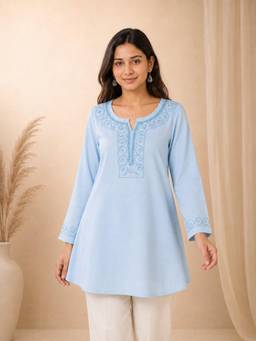 QAZMI - Women Aari Embroidered Viscose Rayon A-Line Short Kurti with Full Sleeves