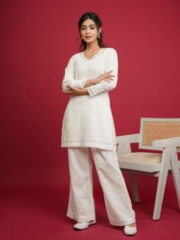 KAKOI - White Bell Shape Kurti with Embroidery, and Palazzo