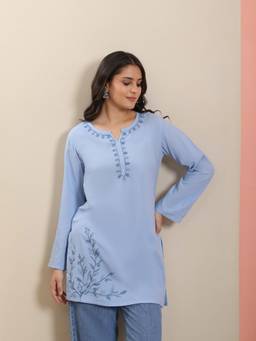 QAZMI - Women's Aari Embroidered Pure Cotton Short Kurta