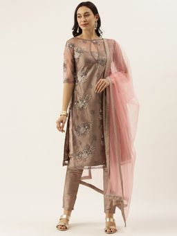 Ethnovog - Ready To Wear Embroidered Grey Top N Straight Pant Suit (Set of 3)