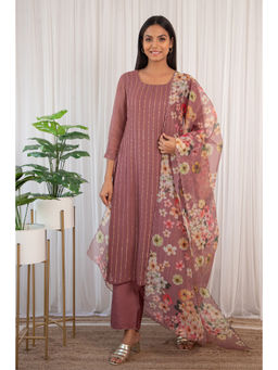 Label Kanupriya - Grapewine Mukaish Kurta Set With Organza Dupatta (Set of 3)