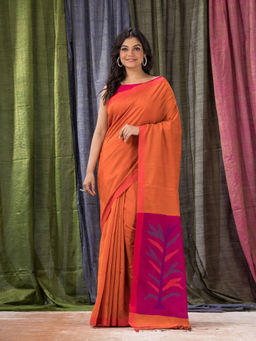 Angoshobha - Orange Cotton Blended Traditional Jamdani Saree with Unstitched Blouse