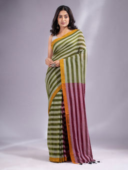CHARUKRITI - Moss Green and Maroon Stripes Pure Cotton Handwoven Soft Saree with Unstitched Blouse