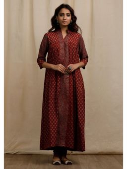 Tjori - Red Ajrakh Print Gathered and Flared Kurta with Churidar (Set of 2)