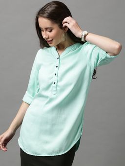 SHOWOFFFF - Women's Roll-up Sleeves Solid Green Regular Top
