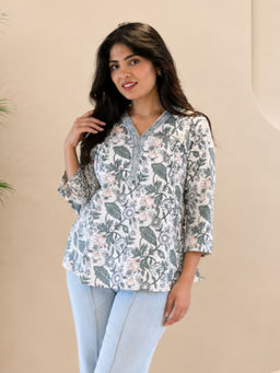 Maaesa - White Women Cotton Printed V-Neck 3/4 Sleeves Top