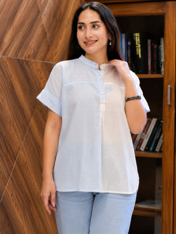 Maaesa - Blue Women Rayon Slub Solid Mandarin Top