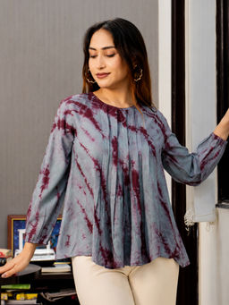 Maaesa - Grey Women Rayon Tie and Dye Round Neck 3/4 Sleeves Top