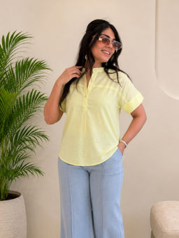 Maaesa - Yellow Women Rayon Solid Mandarin Collar Top