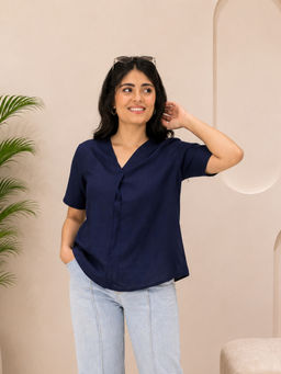 Maaesa - Blue Women Rayon Solid V-Neck Top