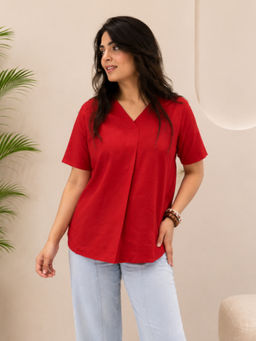 Maaesa - Red Women Rayon Solid V-Neck Top