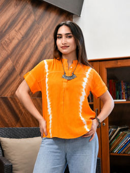 Maaesa - Orange Women Rayon Tie and Dye Mandarin Collar Top