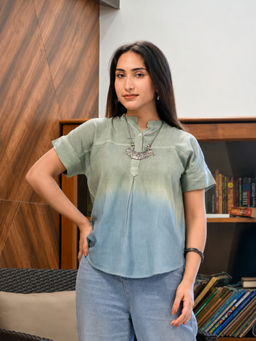 Maaesa - Grey Women Rayon Ombre Mandarin Collar Top