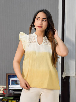 Maaesa - Yellow Women Cotton Ombre V-Neck Top