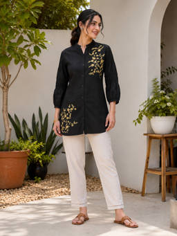 Nayam by lakshita - Women Black Floral Embroidered Mandarin Collar Tunic