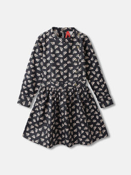 Blue Giraffe - Girls Black Floral Printed Round Neck Full Sleeves A-Line Dress