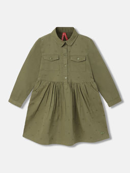 Blue Giraffe - Girls Olive Solid Shirt Collar Full Sleeves A-Line Dress