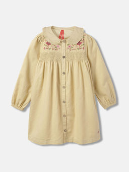 Blue Giraffe - Girls Beige Embroidered Peter Pan Collar Full Sleeves A-Line Dress
