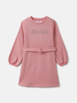 ELLE - Girls Pink Solid Round Neck Full Sleeves Shift Dress (Set of 2)