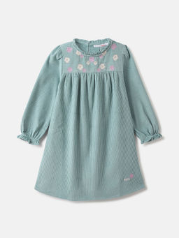 ELLE - Girls Blue Solid Round Neck Full Sleeves A-Line Corduroy Dress