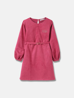 ELLE - Girls Pink Solid Round Neck Full Sleeves A-Line Dress (Set of 2)