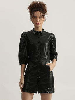 ELLE - Womens Black Solid Spread Collar 3/4 Sleeves Bodycon Dress