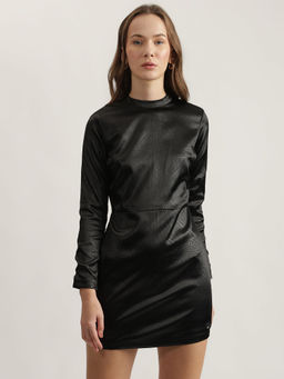 ELLE - Womens Black Solid Round Neck Full Sleeves Bodycon Dress
