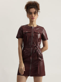 ELLE - Womens Wine Solid Round Neck Short Sleeves Bodycon Dress (Set of 2)