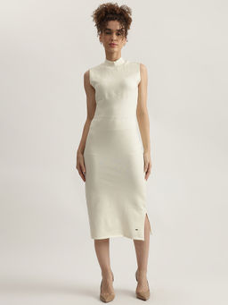 ELLE - Womens White Solid High Neck Sleeveless Bodycon Dress