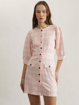 ELLE - Womens Pink Checked Round Neck 3/4Th Sleeves Sheath Dress