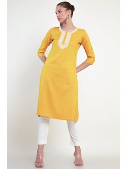 Soch - Women Mustard Rayon Embroidered Kurta