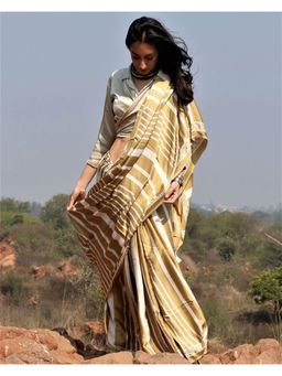 Chidiyaa - Olive A Line Blockprinted Modal Silk Saree